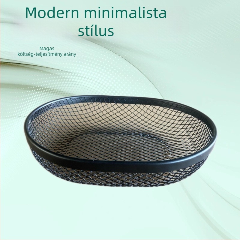 Ovális fémhálós kosár gyümölcsök és tárolásra, skandináv stílusú, papírkapocs tartó dobozzal