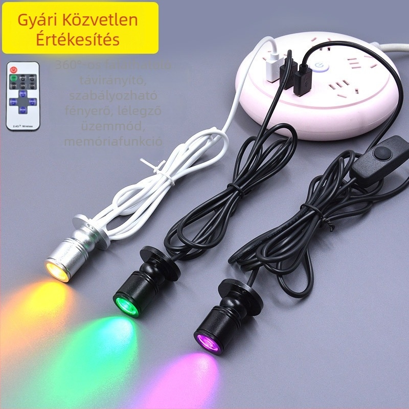Távirányítós mini LED spotlámpa vitrinéhez, 1W, USB táplálás, 5V, állítható fényerő, színes világítás