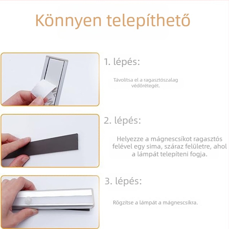 Mozgásérzékelős éjszakai fény szekrényekhez és ruhásszekrényekhez, mágneses öntapadós LED-szalag