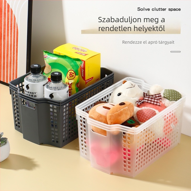 Műanyag tárolókosár, téglalap alakú, asztali használatra, játékokhoz és nassolnivalókhoz