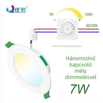 Beépíthető LED mennyezetlámpa, Ø75 mm, 7W, lépésmentes fényerő-szabályozás, melegfehér 3000K