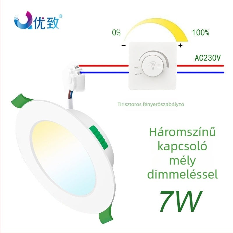 Beépíthető LED mennyezetlámpa, Ø75 mm, 7W, lépésmentes fényerő-szabályozás, melegfehér 3000K