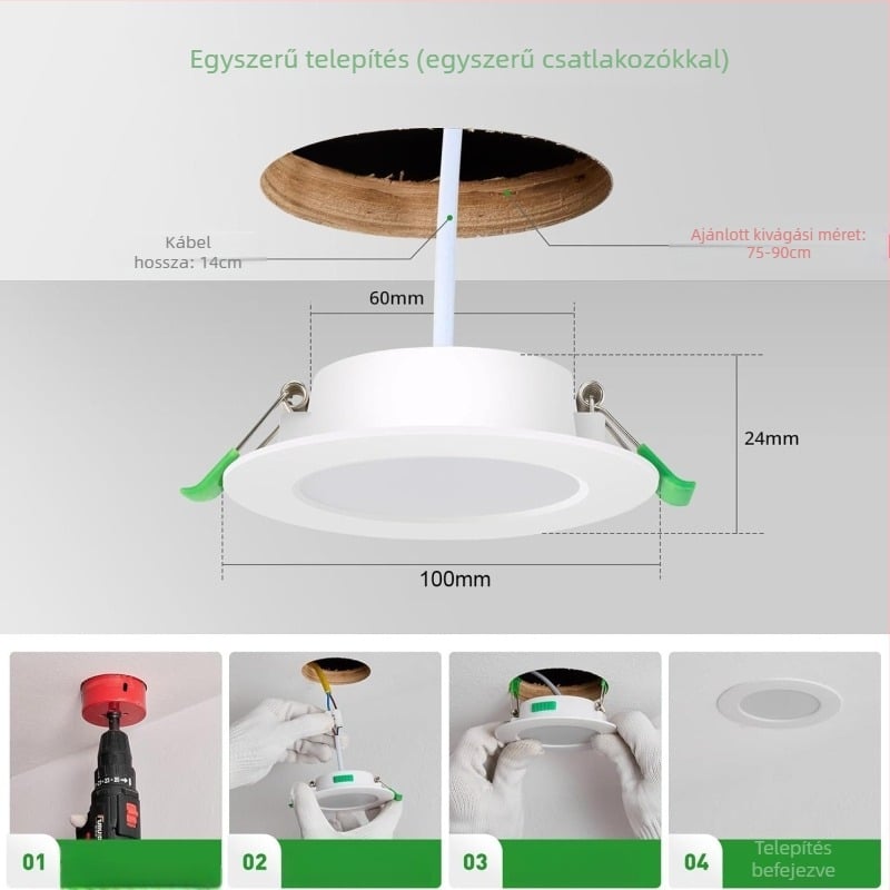 Beépíthető LED mennyezetlámpa, Ø75 mm, 7W, lépésmentes fényerő-szabályozás, melegfehér 3000K
