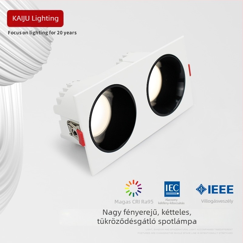 Kétfejű LED lámpa, tükröződésmentes rejtett downlight, alacsony kékfény Ra95, beépített téglalap COB spot a nappaliba