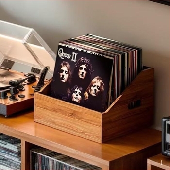 Fából készült vinil lemez tároló doboz, retro lemezállvány és albumok tárolója
