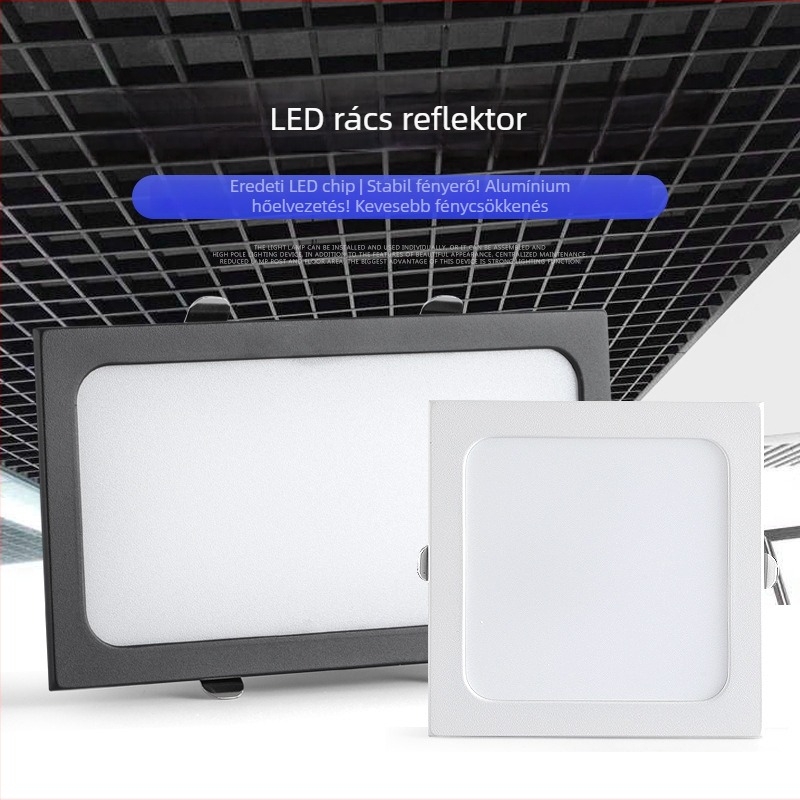 LED mennyezeti rács világítás beépített, fekete négyszögletes kettős fejű downlight, 15x15 cm rács nyílás, tok 10x20 cm