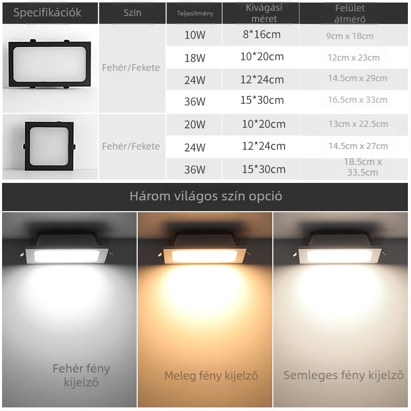 LED mennyezeti rács világítás beépített, fekete négyszögletes kettős fejű downlight, 15x15 cm rács nyílás, tok 10x20 cm
