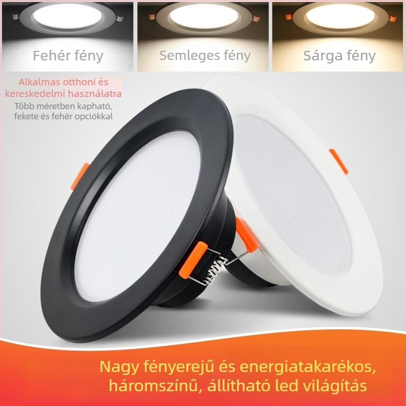 Fekete beépített LED mennyezeti downlight, háromszínű színhőmérséklet-szabályozás, nappalira, nyílás 7,5–16 cm