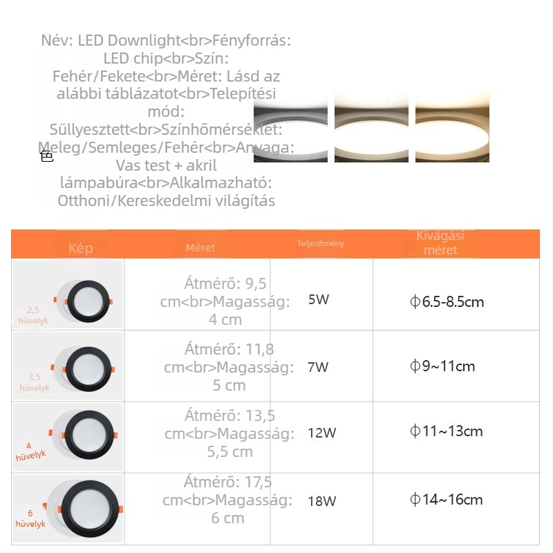 Fekete beépített LED mennyezeti downlight, háromszínű színhőmérséklet-szabályozás, nappalira, nyílás 7,5–16 cm