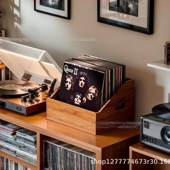 Masív faból készült vinyl lemez tároló doboz és magazin szervező