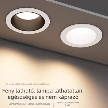 Beépített COB LED downlight mély anti‑reflexiós kupollal, ultra keskeny keret, főfény nélkül, nappaliba, modern stílus