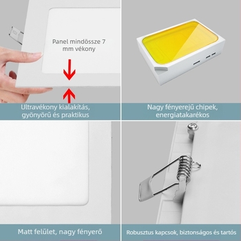 Ultra vékony négyzet alakú LED beépíthető mennyezeti lámpa nappaliba, 12W, kivágás 9–12 cm, alumínium ház, 6000K