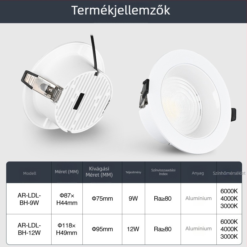 Ultra vékony LED beépíthető downlight, 9–12W, nappali, folyosó vagy hálószoba, alumínium ház, 3000K/4000K/6500K