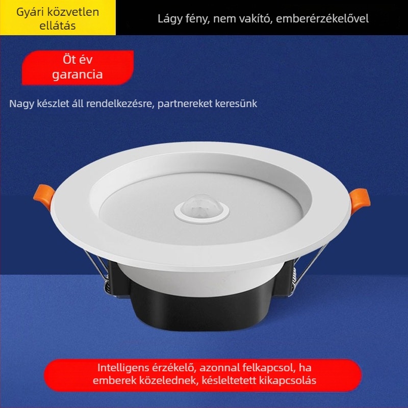 Mozgásérzékelős LED downlight folyosókhoz és bejáratokhoz, beépített mennyezeti lámpa, 6000K