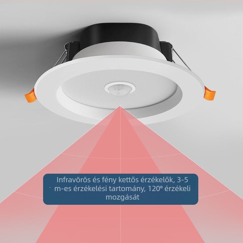 Mozgásérzékelős LED downlight folyosókhoz és bejáratokhoz, beépített mennyezeti lámpa, 6000K