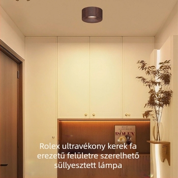 Felszíni LED spotlámpák diófa felületű kivitelben előszobába és folyosóra, ultra vékony downlight a nappaliba, központi fény nélkül