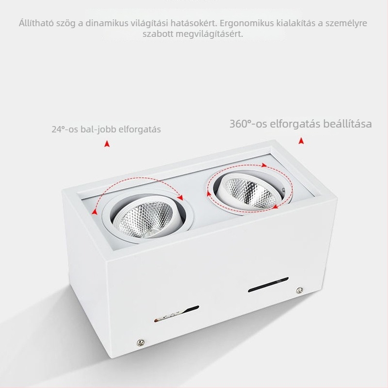 LED felületszerelt spotlámpa, négyzet alakú, egy- vagy kétfejű, nappali mennyezeti downlight COB fényforrással, állítható szög.