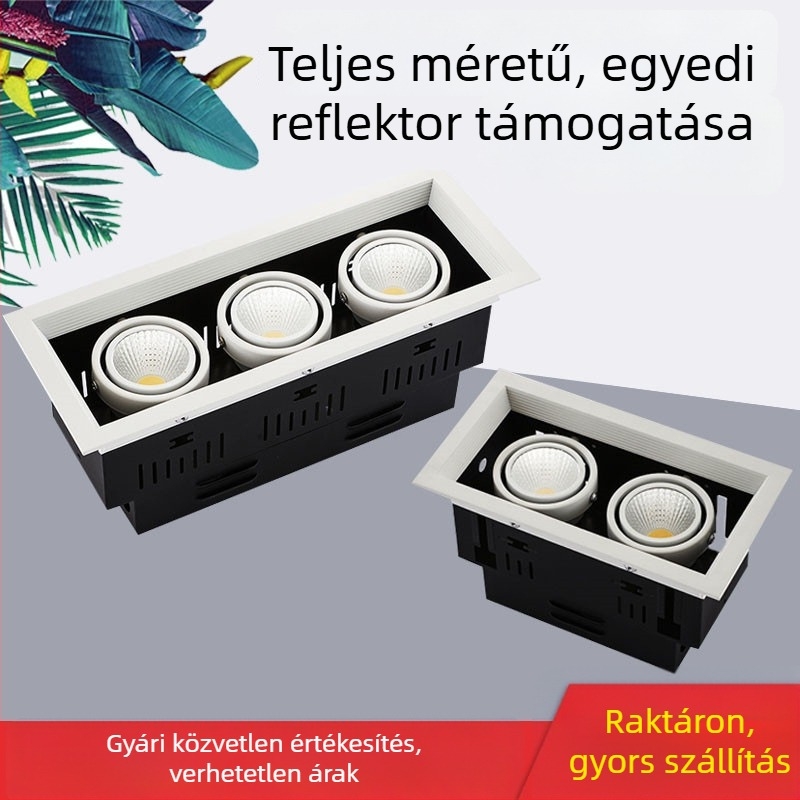 LED spotlámpa kettős vagy háromfejű, lefelé irányított fény, beépített, fekete négyzet alakú rács