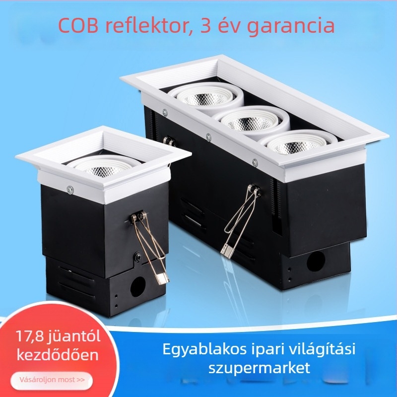 LED spotlámpa kettős vagy háromfejű, lefelé irányított fény, beépített, fekete négyzet alakú rács
