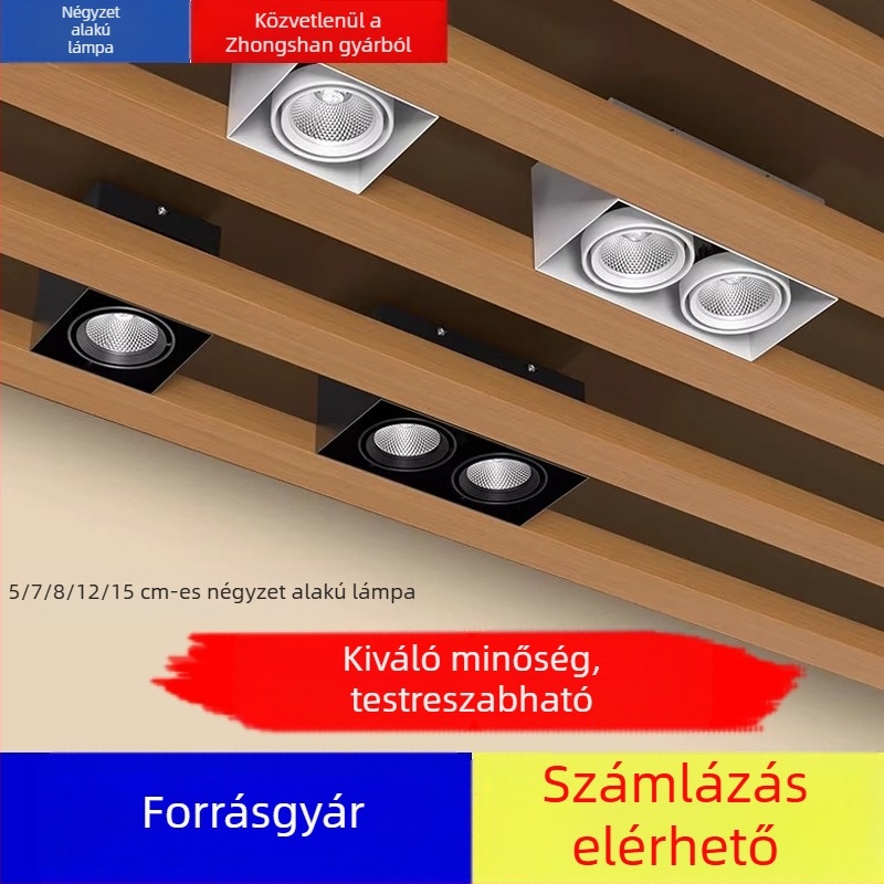 Négyzet alakú LED spotlámpa rácsos mennyezethez, kereskedelmi felhasználásra, egy- vagy kétfejű, COB fényforrás, felületi szerelés