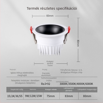 LED mély anti‑glare downlight, nyílás 75-95 mm, teljes spektrum, magas hatékonyságú, 11-15W, alumínium ház, 4500K, CRI ≥90