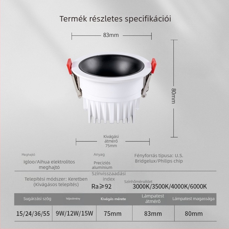 LED mély anti‑glare downlight, nyílás 75-95 mm, teljes spektrum, magas hatékonyságú, 11-15W, alumínium ház, 4500K, CRI ≥90