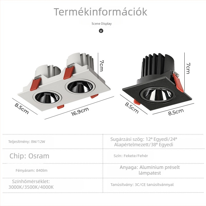 Kétfejes beépített LED spotlámpa, téglalap alakú, méhsejt mintázatú anti-glare, 3500K, nappali, alumínium
