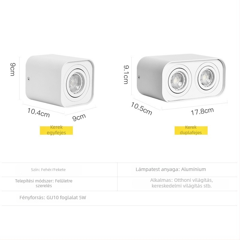 LED COB felületre szerelt mennyezeti spot, anti-glare, négyzet alakú, kétfejű, nappaliba