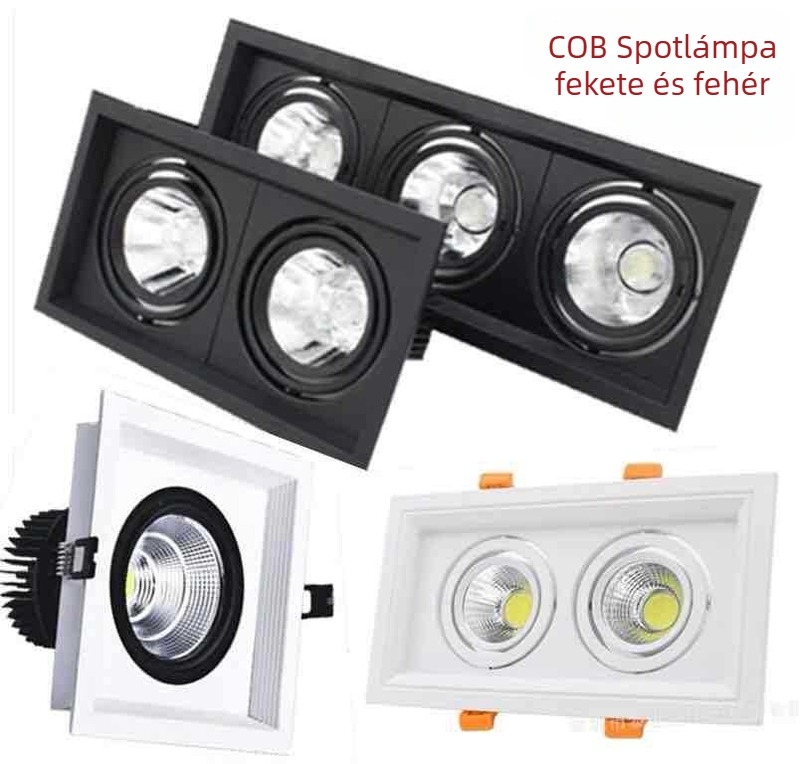 Négyzetes COB kettős fejű spotlámpa mennyezetre, downlight 10×20, beépített LED, fényerő szabályozható