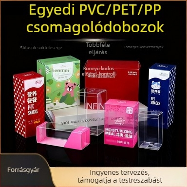 Személyre szabható átlátszó PVC csomagoló doboz nyomtatott dizájnnal, matt PP hajtogatott doboz és PET műanyag doboz