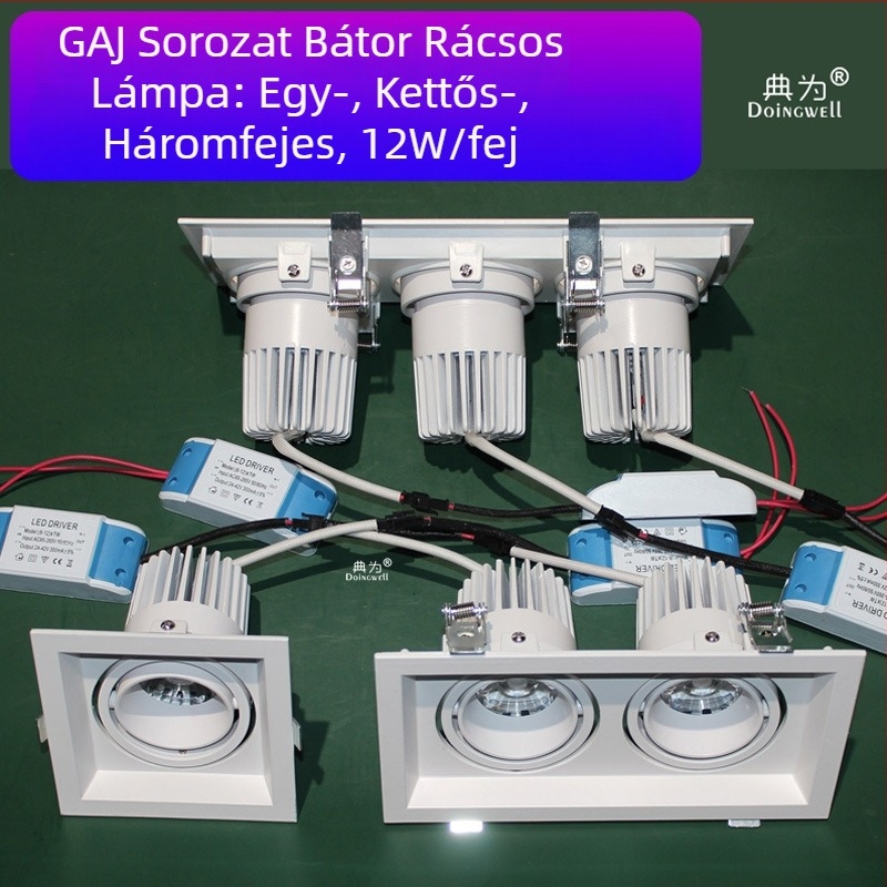 Egyfejes négyszögletes beépített LED reflektor, 12W/8W, szerelési nyílás 95×95 mm, villákhoz, otthonokhoz és szállodákhoz, négyzet alakú rács lámpa
