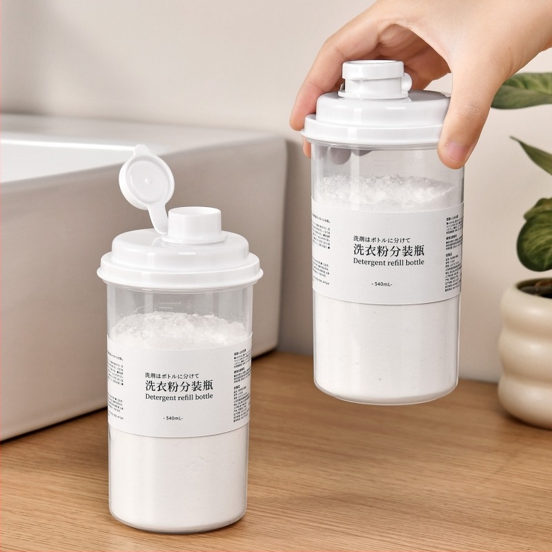 Átlátszó műanyag mosópor-tároló, kompakt utazó méretű fedeles doboz, 500 ml