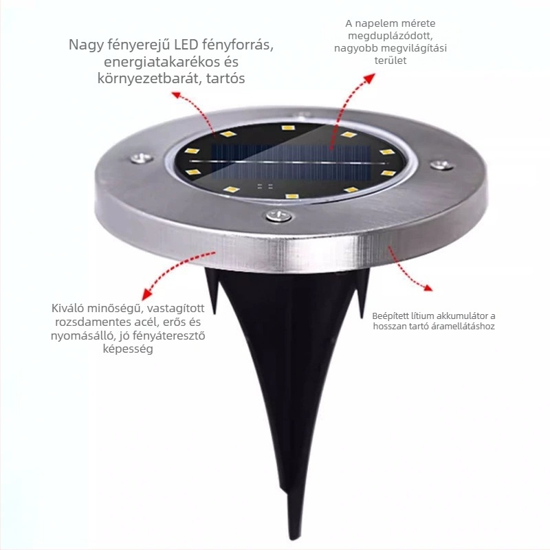 Napelemes föld alatti LED lámpa 8 LED-del, rozsdamentes acélból, kültéri gyepre és udvarra, dekoratív, rendkívül fényes