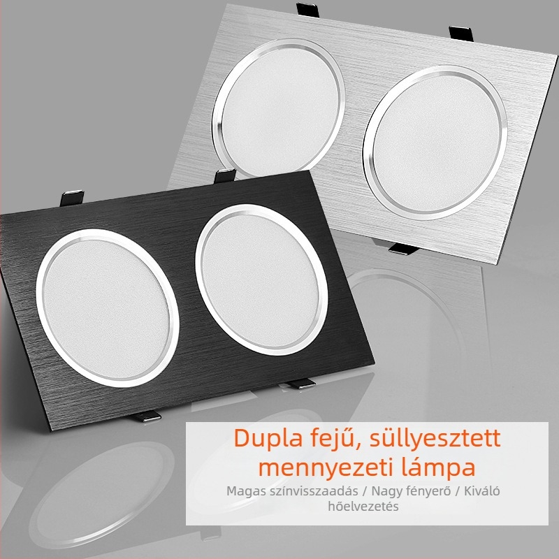 LED kétfejű COB downlight, beépített négyszögletes rácsos mennyezeti lámpa, 10-24W, 220V, 3000K melegfehér, alumínium ház