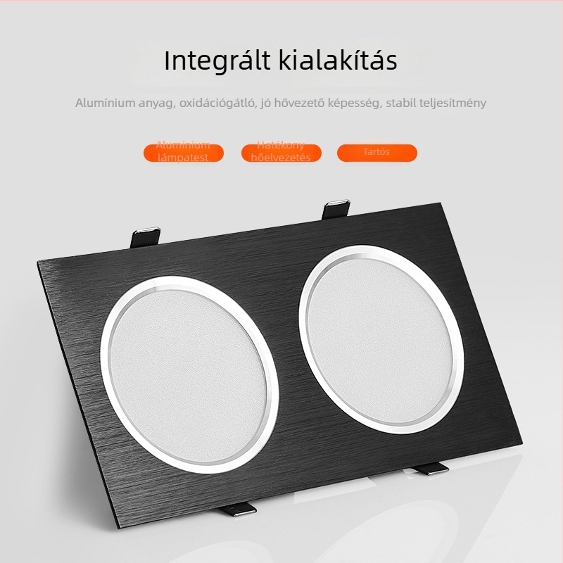 LED kétfejű COB downlight, beépített négyszögletes rácsos mennyezeti lámpa, 10-24W, 220V, 3000K melegfehér, alumínium ház