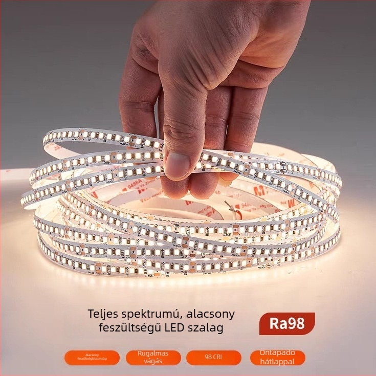 Teljes spektrumú LED csík, 24V, öntapadó, szemkímélő, villogásmentes, CRI 98, 120 LED/m, 8 mm, beltéri világítás, alumínium csatornával