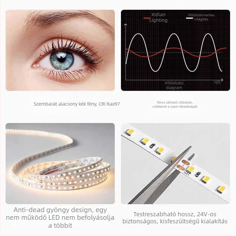 Teljes spektrumú LED csík, 24V, öntapadó, szemkímélő, villogásmentes, CRI 98, 120 LED/m, 8 mm, beltéri világítás, alumínium csatornával