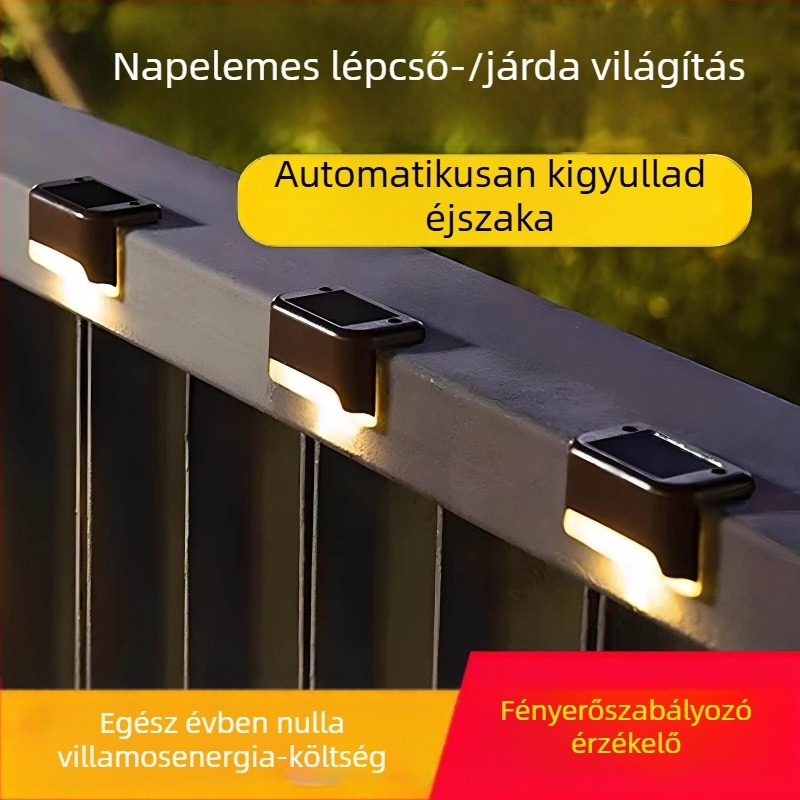 Napelemes kültéri kerti világítás otthoni használatra, vízálló lépcsőfok LED lámpák, kerítés- és falvilágítás, korlát díszvilágítás