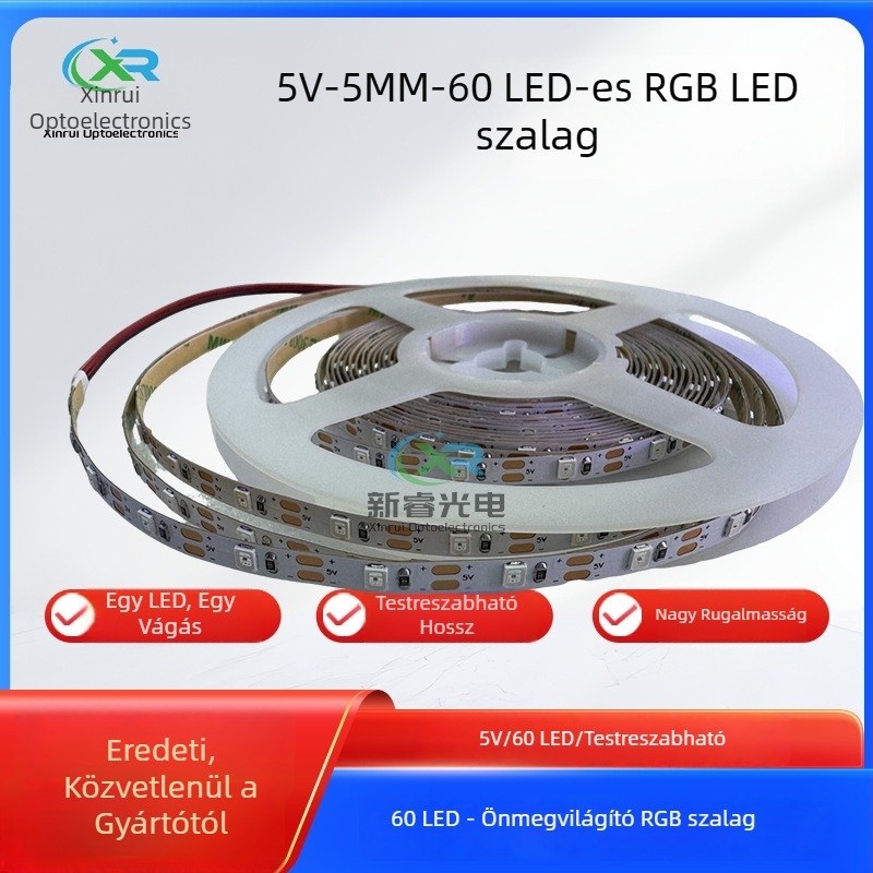 Alacsony feszültségű RGB LED-szalag, 2835 LED-ek, 5V, 60 LED/méter, 5 mm szélesség, beltéri világítás, magas fényerő, nem dimmelhető