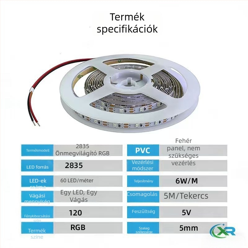 Alacsony feszültségű RGB LED-szalag, 2835 LED-ek, 5V, 60 LED/méter, 5 mm szélesség, beltéri világítás, magas fényerő, nem dimmelhető
