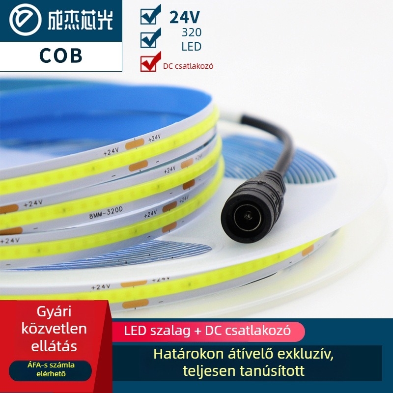 COB LED szalag 24V, monokróm, öntapadó, alacsony feszültségű rugalmas lineáris világítás szekrényekhez, 320 LED/m, 2835 chip, 10W, 120° fénykör