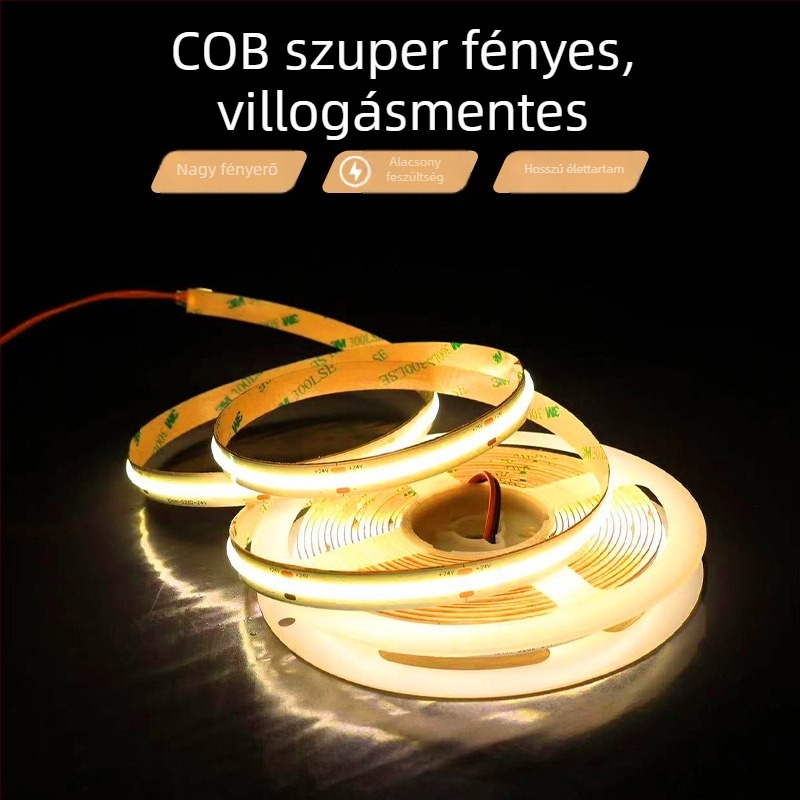 12V COB LED-szalag, öntapadó, beépített fénycsatornába, lineáris LED világítás szekrényekhez és vitrinekhez, dimmelhető