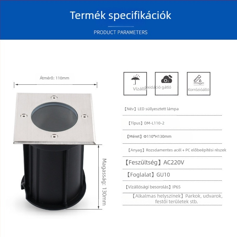 Négyszögletes föld alatti lámpa GU10, cserélhető fényforrással, IP65 vízálló kültéri kert tájvilágítás rozsdamentes acél LED