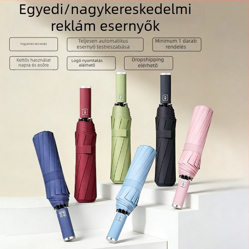 Fekete bevonatú UV-védett esernyő esőre és napra, teljesen automata, háromrészes összecsukható, egyedi logóval, uniszex