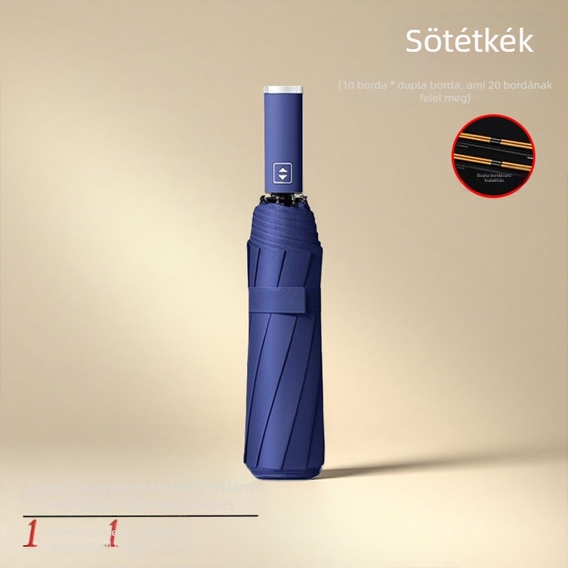 Fekete bevonatú UV-védett esernyő esőre és napra, teljesen automata, háromrészes összecsukható, egyedi logóval, uniszex