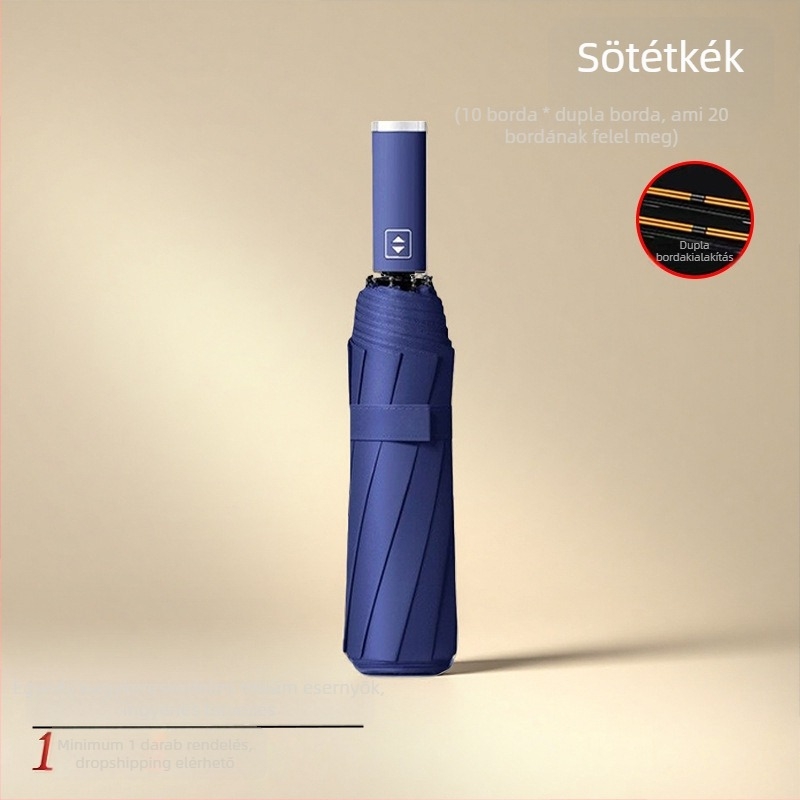 Fekete bevonatú UV-védett esernyő esőre és napra, teljesen automata, háromrészes összecsukható, egyedi logóval, uniszex