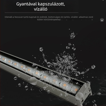 LED külső lineáris világítás, IP65 védelem, falmosó világítás faszádokhoz, alumínium profilú ház, épület kontúrvilágítás, modell Line light 2829, 24V, 120° fényvetítés, melegfehér / sárga fény