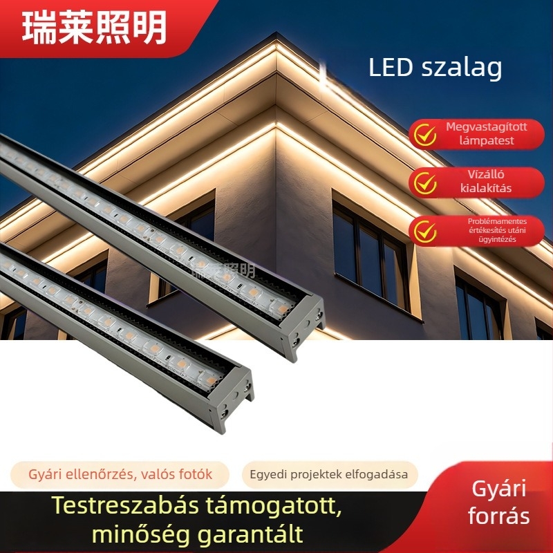 LED külső lineáris világítás, IP65 védelem, falmosó világítás faszádokhoz, alumínium profilú ház, épület kontúrvilágítás, modell Line light 2829, 24V, 120° fényvetítés, melegfehér / sárga fény
