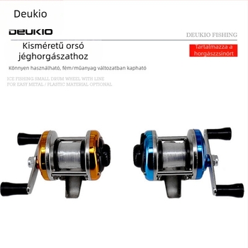 DEUKIO Mini jéghalászorsó – kompakt dobos orsó kettős hajtókarral, fémtest és zsinórorsó