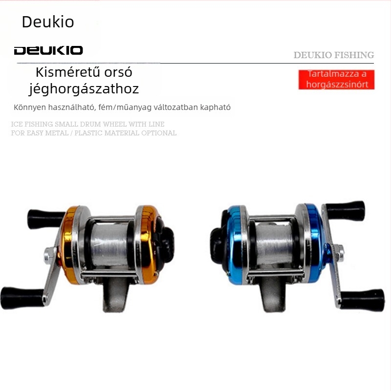DEUKIO Mini jéghalászorsó – kompakt dobos orsó kettős hajtókarral, fémtest és zsinórorsó